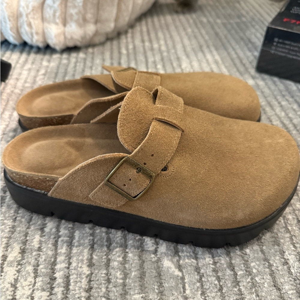 Suede Slip-On Clog Mule with Buckle — Tan